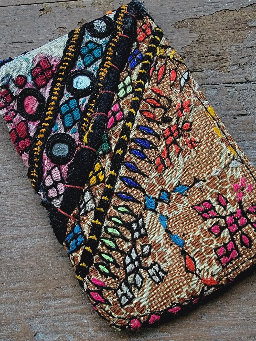 Free People embroidered banjara boho repurposed vtg leather wallet card case